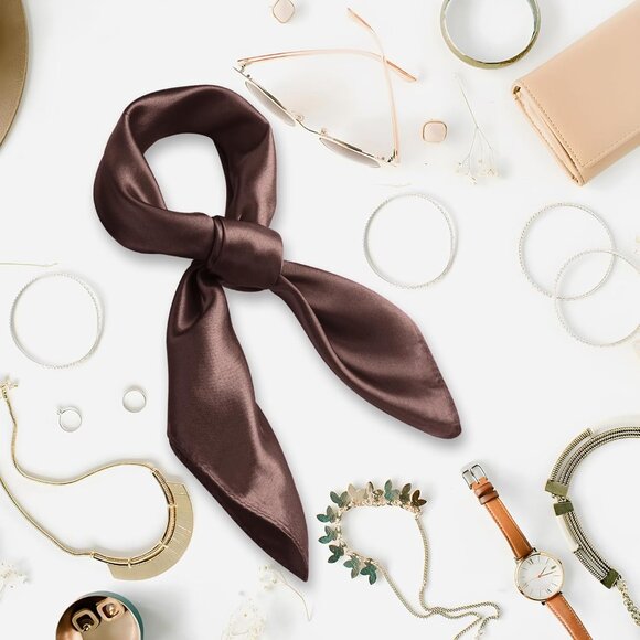 Women's Coffee Silk Feeling Scarf 23.6'' Square Satin Scarf Neck Head Bandana - Picture 5 of 7